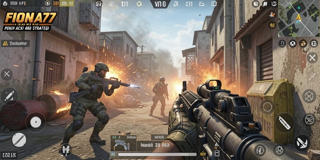 Screenshot utama FIONA77 menampilkan aksi pertarungan FPS yang mendebarkan.