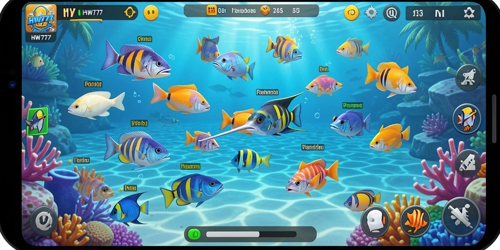 Tampilan gameplay HW777 dengan aksi Tembak Ikan yang seru.