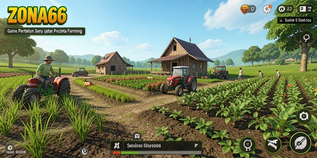 Tampilan gameplay ZONA66 dengan ladang pertanian yang subur.